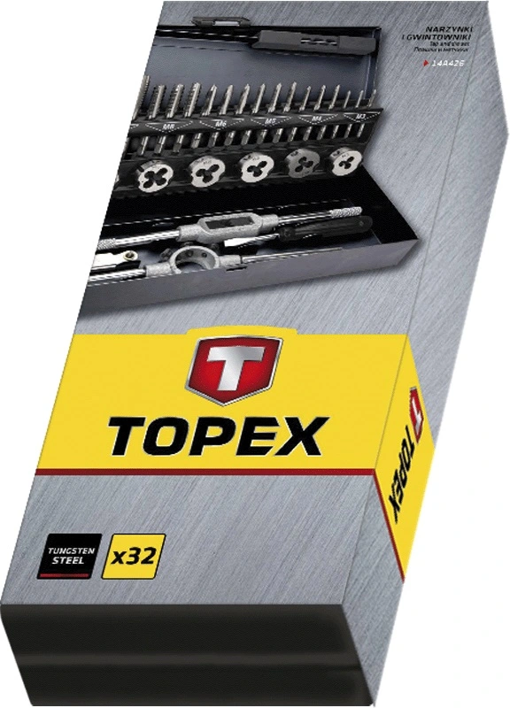 Плашки та мітчики TOPEX, набір 32шт, M3-M12, крок різьблення 0.5-1.75мм, вольфрамова сталь, металеви - 2