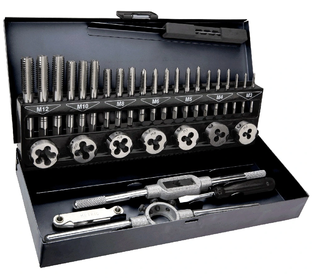 Плашки та мітчики TOPEX, набір 32шт, M3-M12, крок різьблення 0.5-1.75мм, вольфрамова сталь, металеви