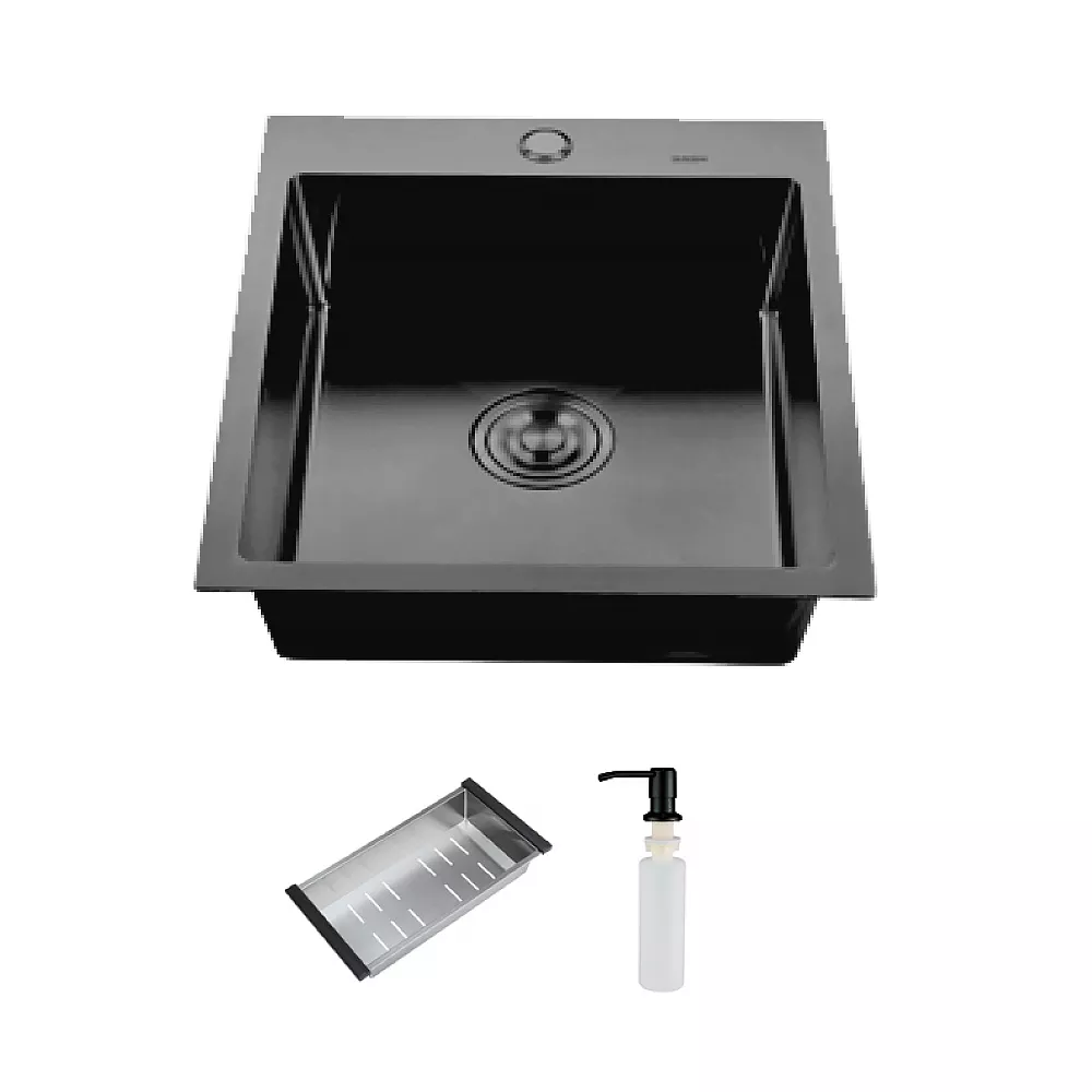 ID 5050-B мийка одинар.500x500x215мм, (3.0/0.8мм), сифон, дозатор, кошик, PVD Black {1/1}