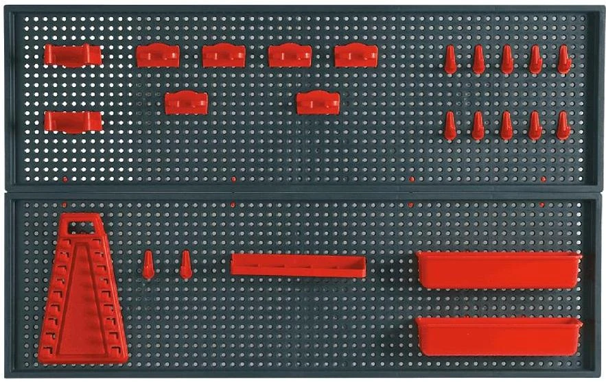 Панель для інструменту TOPEX перфорована, 2шт 25x80см, 2 контейнера, 10 затискачів, 8 захватів