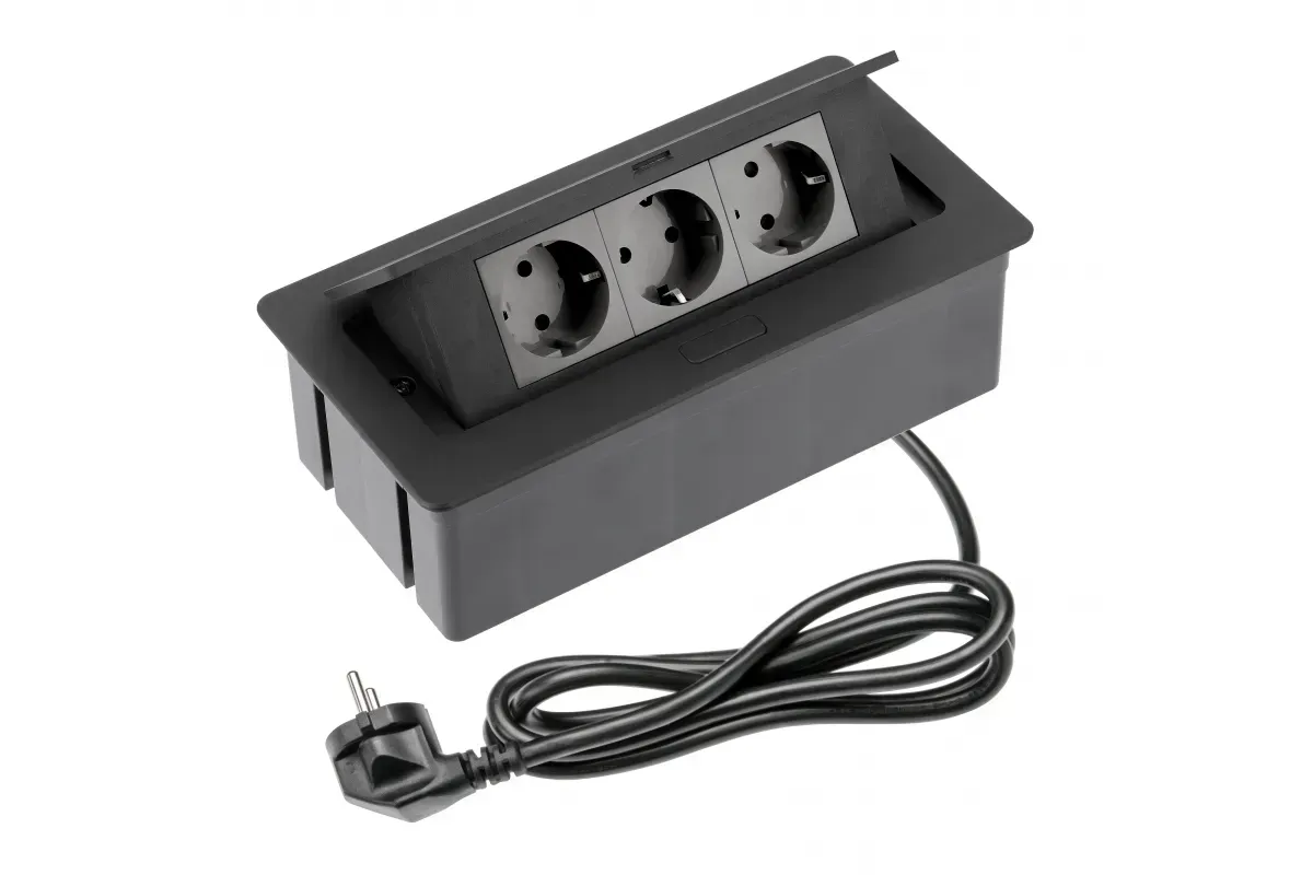 Блок розеток GTV SOFT на 3x220V с проводом 1,5м, арт. AE-PBSC3GS-20N, Черный