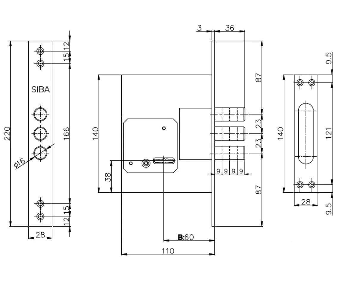 Замок SIBA дополнительный 10057/L, 5 сувальдных ключей B=60 мм - 2