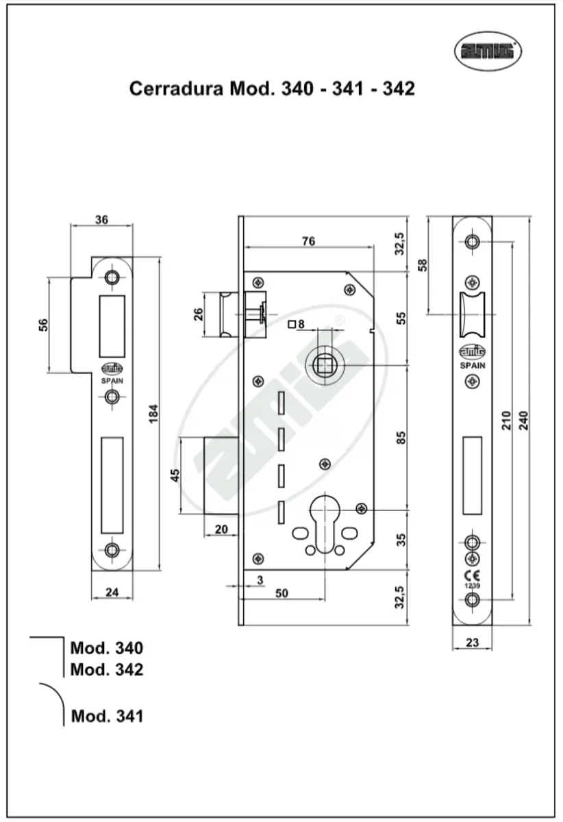 Замок AMIG 1 ригель мод.340 + цилиндр 60 мм Латунь - 2