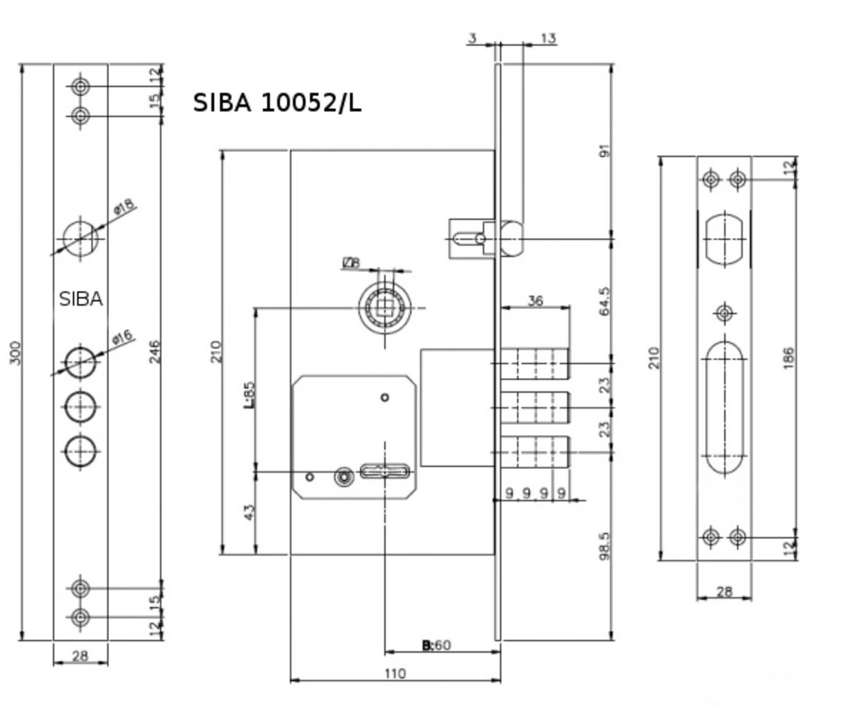 SIBA Замок основний для металевих дверей сувальдний 10052/L 5  кл., 85/60 мм
