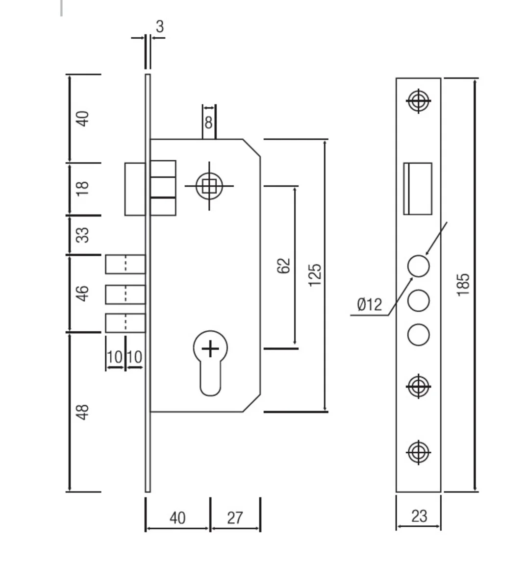 Замок SIBA врізний 10038/M 62/40 мм 3 ригелі BP Полірована латунь - 2