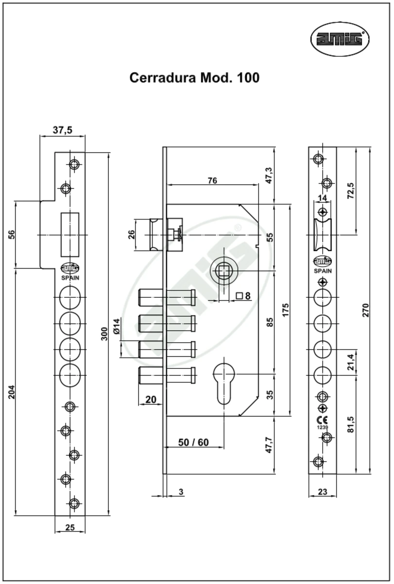 Amig Замок 4 ригеля мод.100 BASE - 50/85 матова латунь