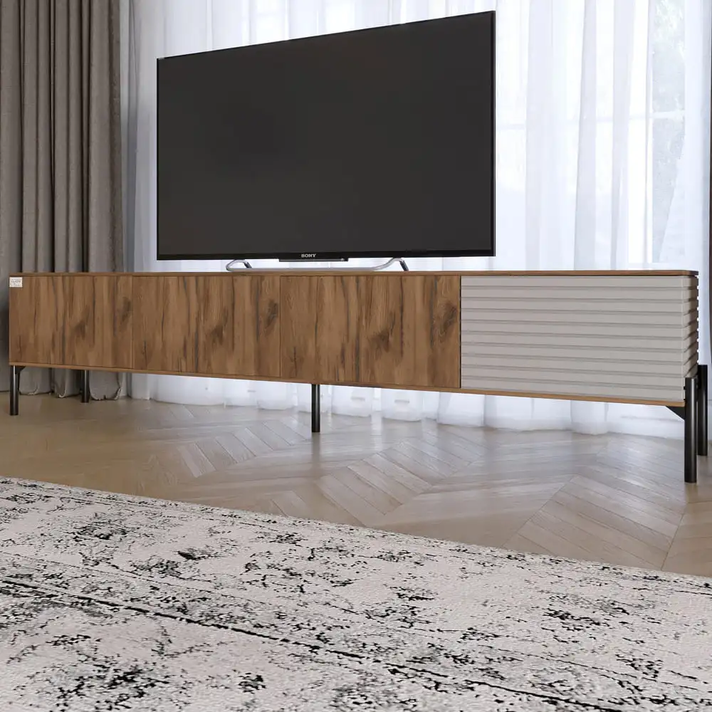 Тумба під телевізор на чорних металевих ніжках LION Грей Дуб Ліворно/Кашемір (LION-042582)