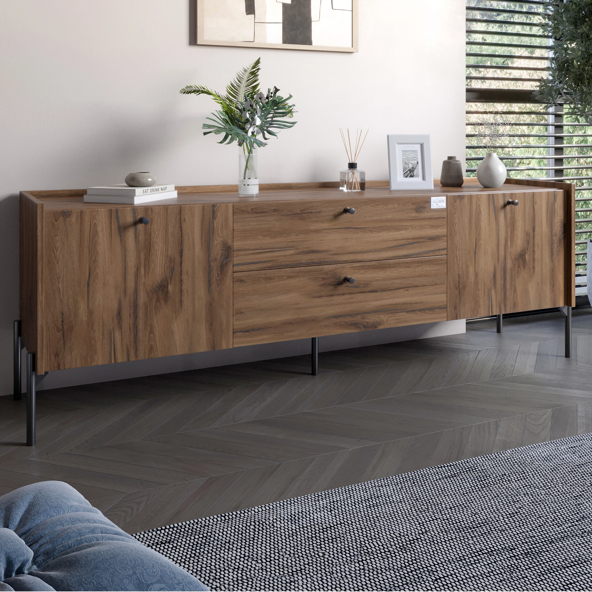 Тумба під телевізор з шухлядами LION Wood з чорними ніжками 180х50х40 см Дуб Ліворно (LION-043128)