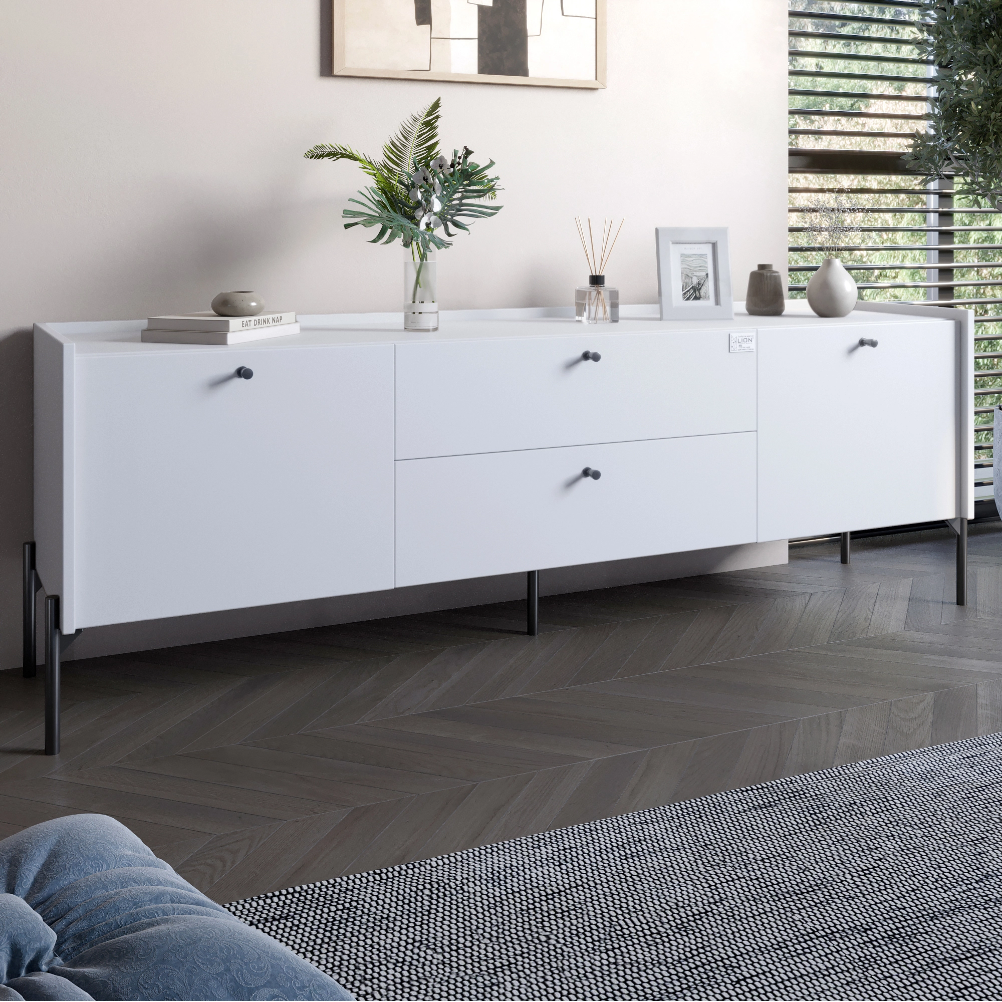 Тумба під телевізор з шухлядами LION Wood з чорними ніжками 180х50х40 см Німфея Альба (білий) (LION-