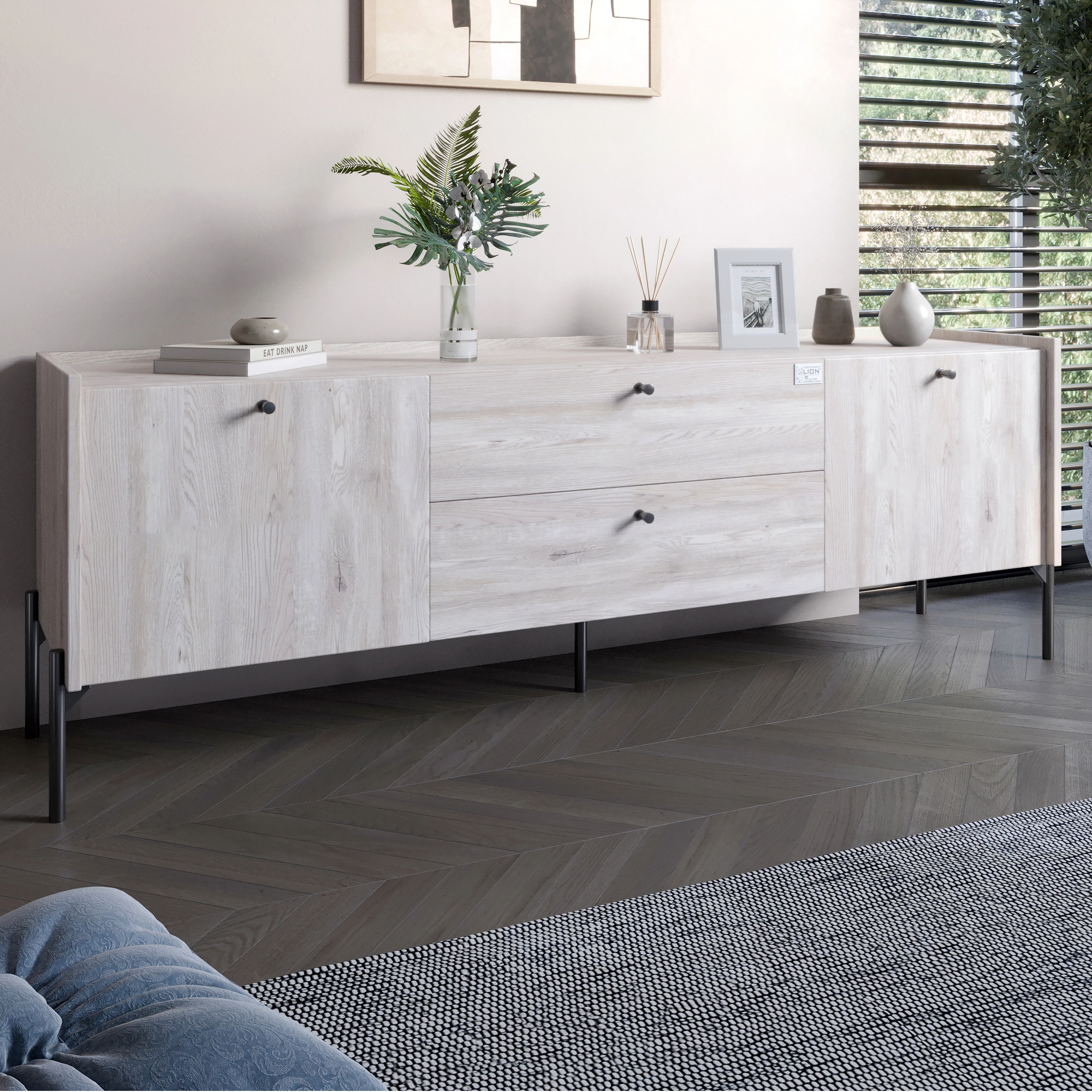 Тумба під телевізор з шухлядами LION Wood з чорними ніжками 180х50х40 см Самоа Димчастий (LION-04313