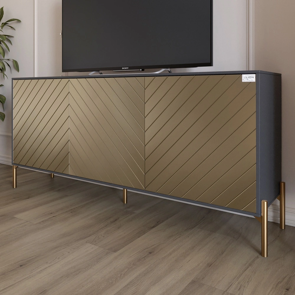Тумба під телевізор із золотими металевими ніжками LION Амарант 168x40x76,5 см Антрацит/Перламутрови