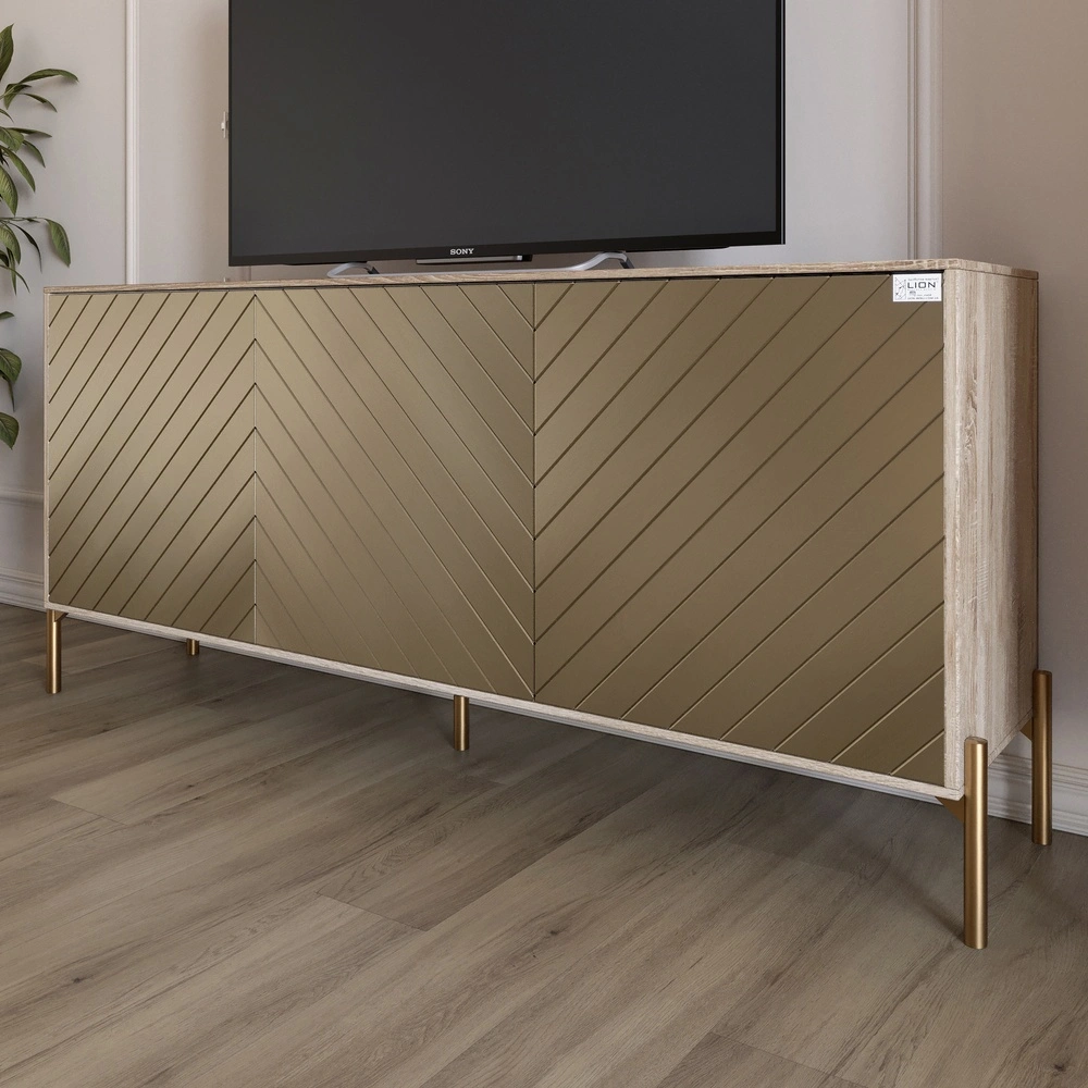 Тумба під телевізор із золотими металевими ніжками LION Амарант 168x40x76,5 см Дуб сонома/Перламутро