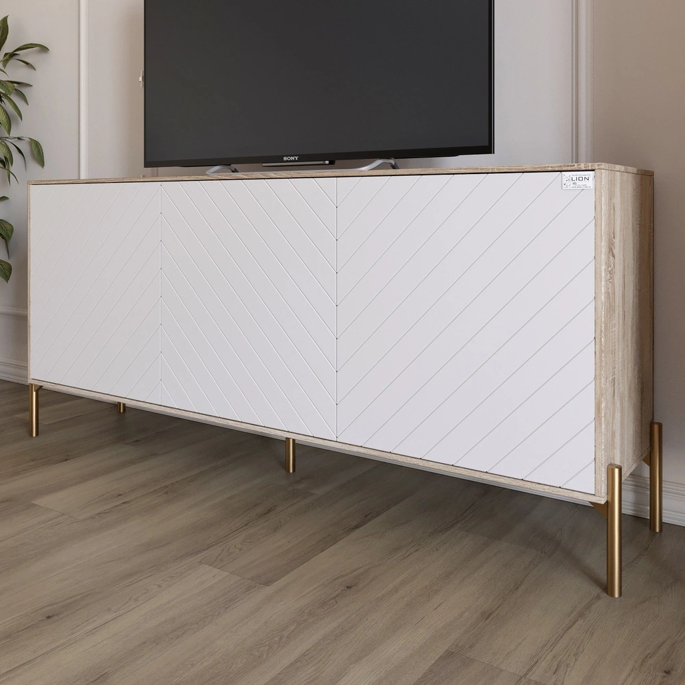 Тумба під телевізор із золотими металевими ніжками LION Амарант 168x40x76,5 см Дуб сонома/Білий (LIO