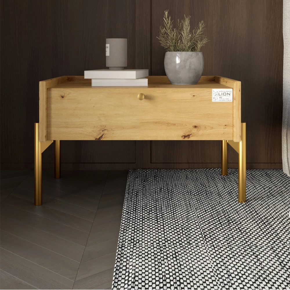 Тумба приліжкова LION Wood з однією шухлядою Дуб Артизан (золоті ножки) (LION-041316)