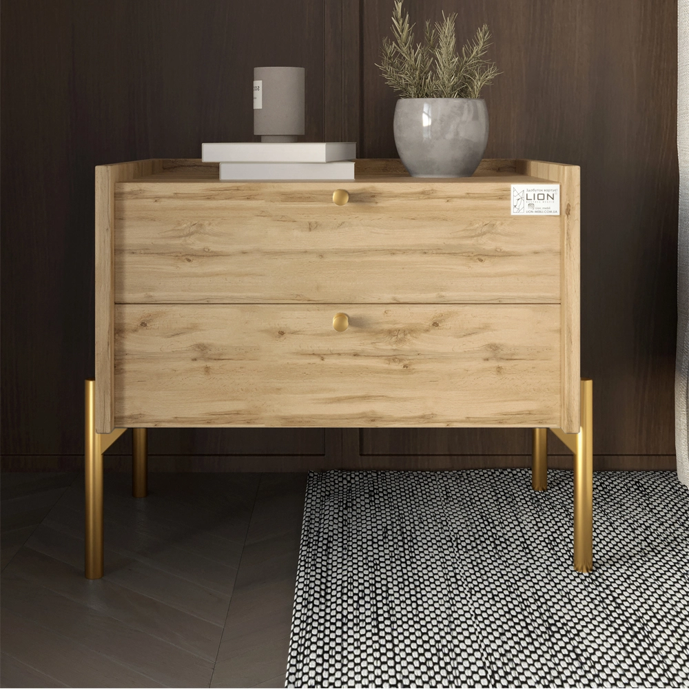 Тумба приліжкова LION Wood з двома шухлядами Дуб Артизан (золоті ножки) (LION-041347)
