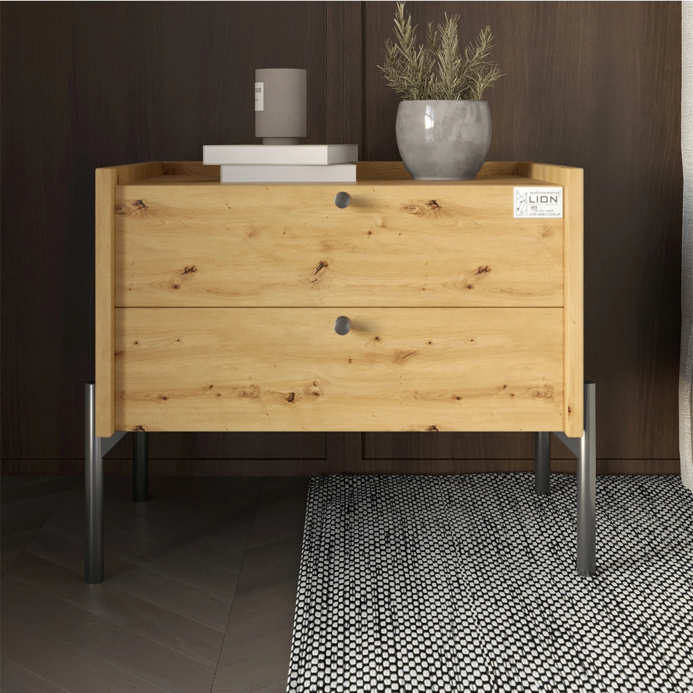 Тумба приліжкова LION Wood з двома шухлядами Дуб Артизан (чорні ножки) (LION-041348)