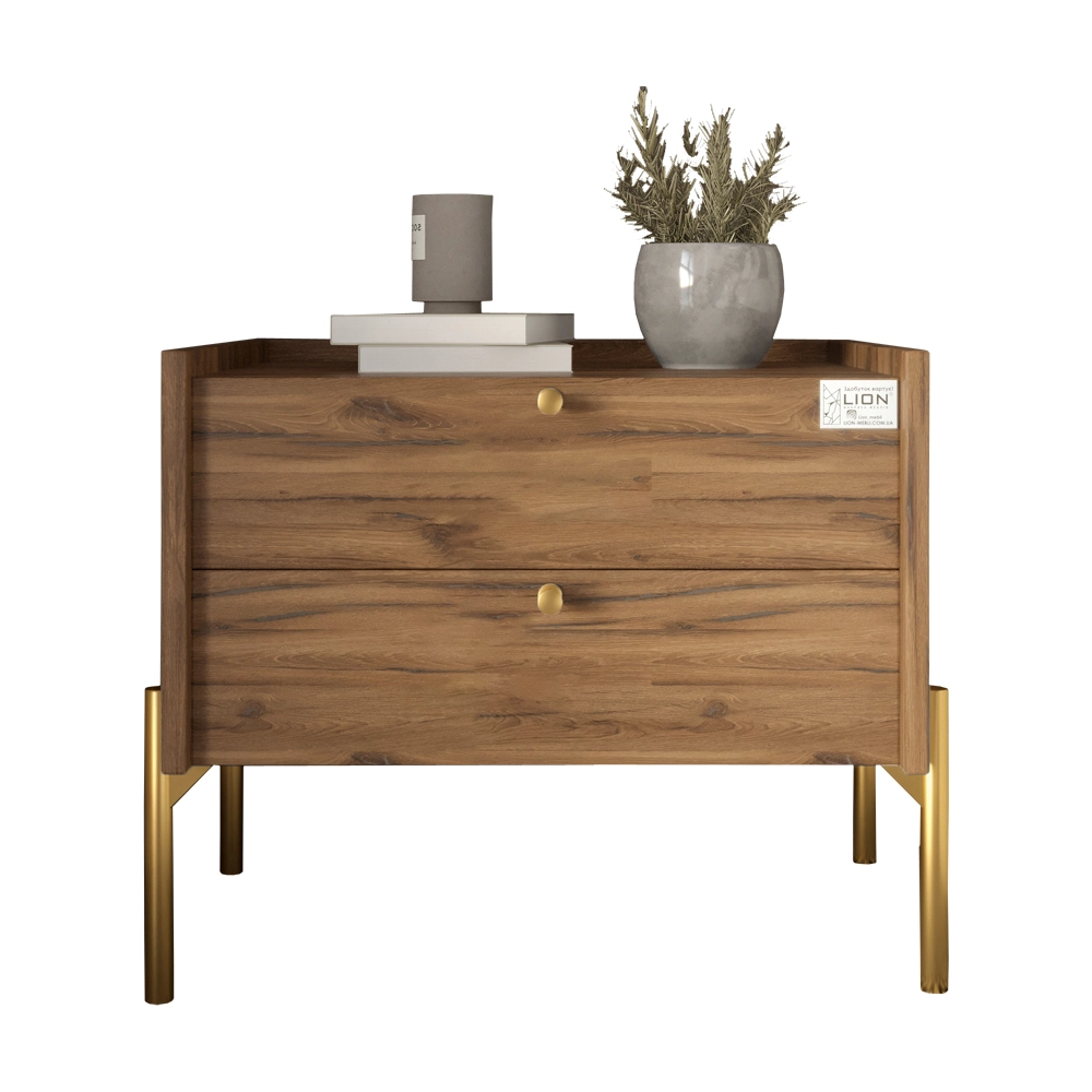 Тумба приліжкова LION Wood з двома шухлядами Дуб Ліворно (золоті ножки) (LION-041349) - 2