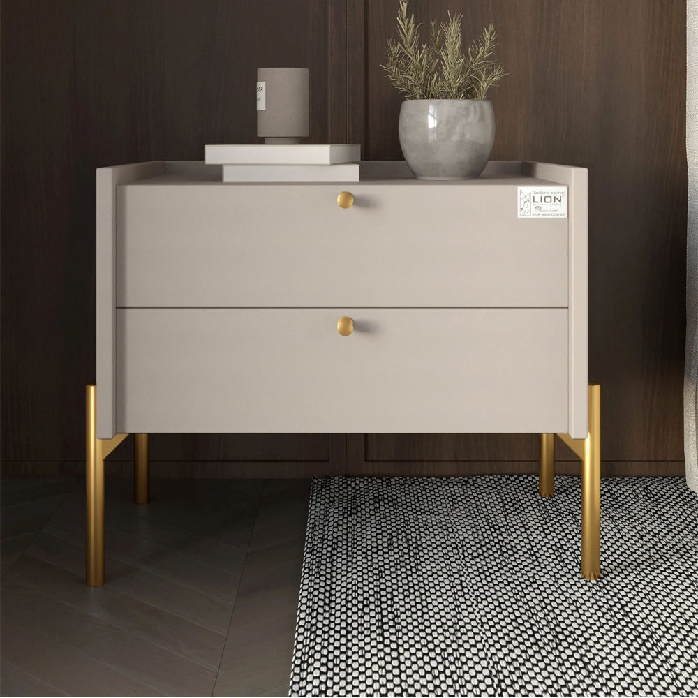 Тумба приліжкова LION Wood з двома шухлядами Кашемір (золоті ножки) (LION-041355) ТОП