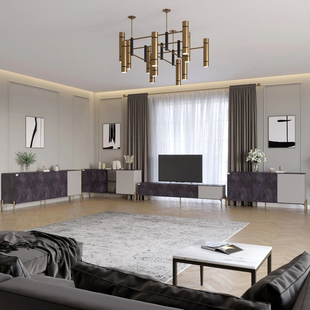 Комплект модульний для вітальні LION Грей 4 елементи з золотими металевими ніжками Бетон темний/Каше