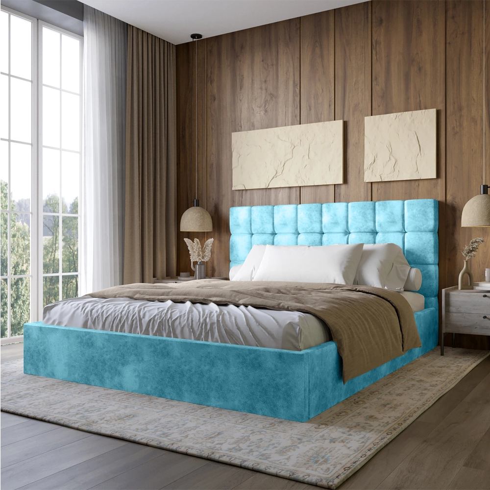 Двоспальне дерев'яне ліжко з м'яким узголів'ям і підйомним механізмом LION Піксі Silk 502 (Бірюзовий