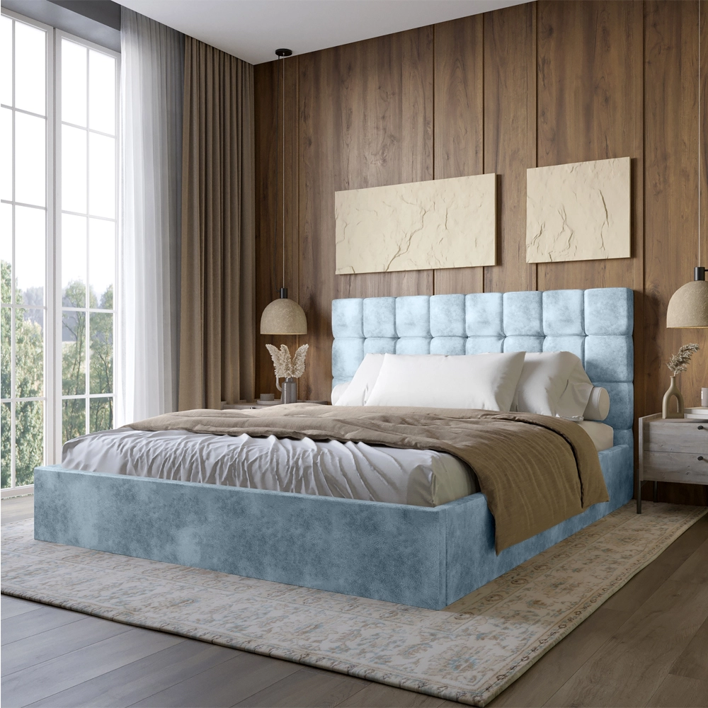 Двоспальне дерев'яне ліжко з м'яким узголів'ям і підйомним механізмом LION Піксі Silk 501 (Небесно-б