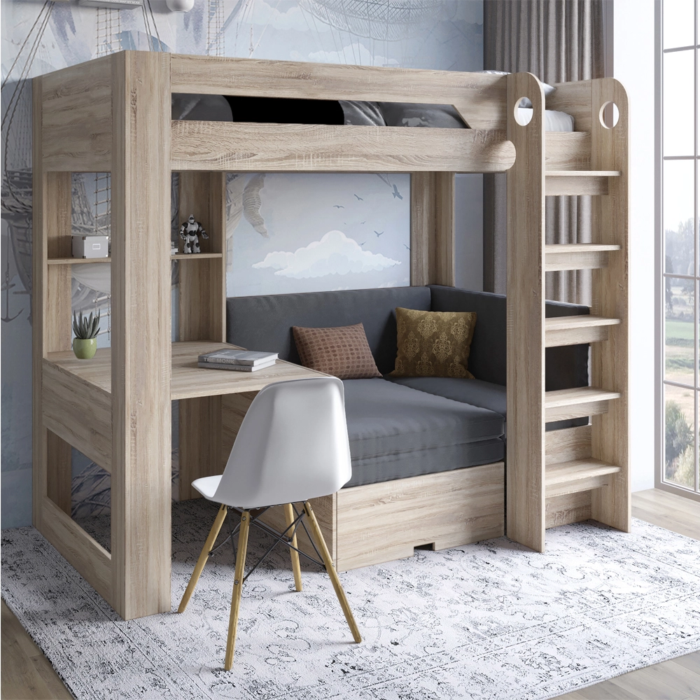 Дитяче двоярусне ліжко LION Флай 90х190 см з вбудованим столом Дуб Сонома/Лілі-95 (LION-041641)