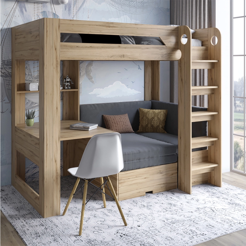 Дитяче двоярусне ліжко LION Флай 90х190 см з вбудованим столом Дуб Аппалачі/Лілі-95 (LION-041637) ТО