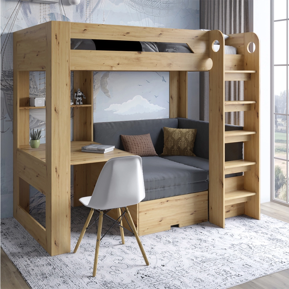 Дитяче двоярусне ліжко LION Флай 90х190 см з вбудованим столом Дуб Артизан/Лілі-95 (LION-041638)