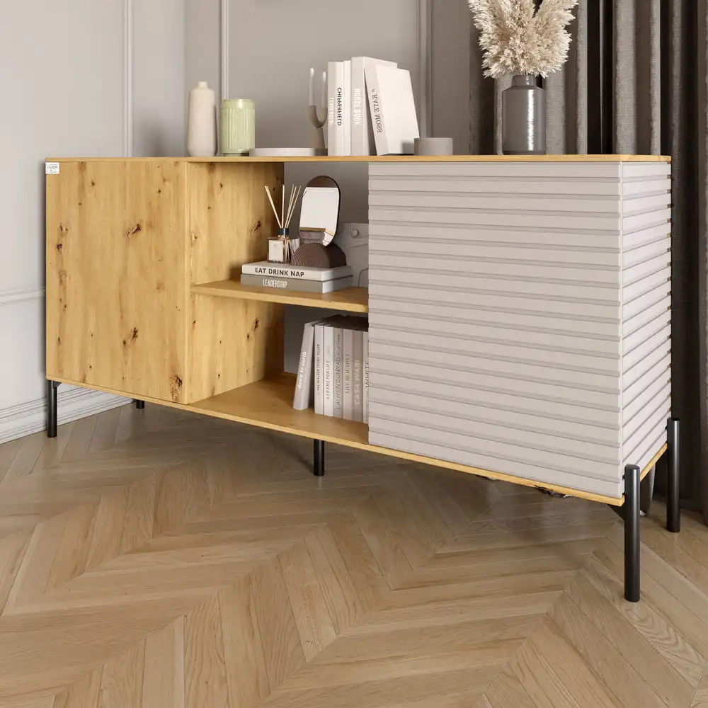 Комод відкритий на чорних металевих ніжках LION Грей Дуб Артизан/Кашемір (LION-042866)