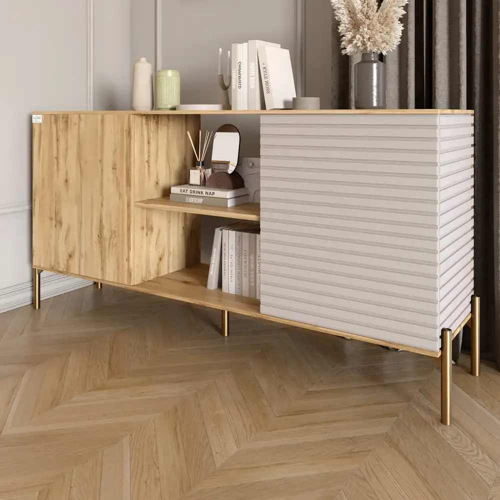 Комод відкритий на золотих металевих ніжках LION Грей Дуб Аппалачі/Кашемір (LION-042897)