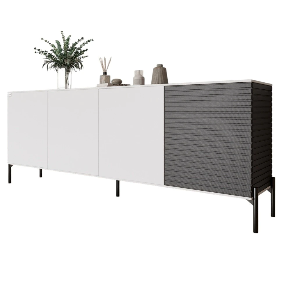 Комод у вітальню на чорних металевих ніжках LION Грей 204x38x76,5 см Німфея Альба (білий)/Асфальт (L - 2
