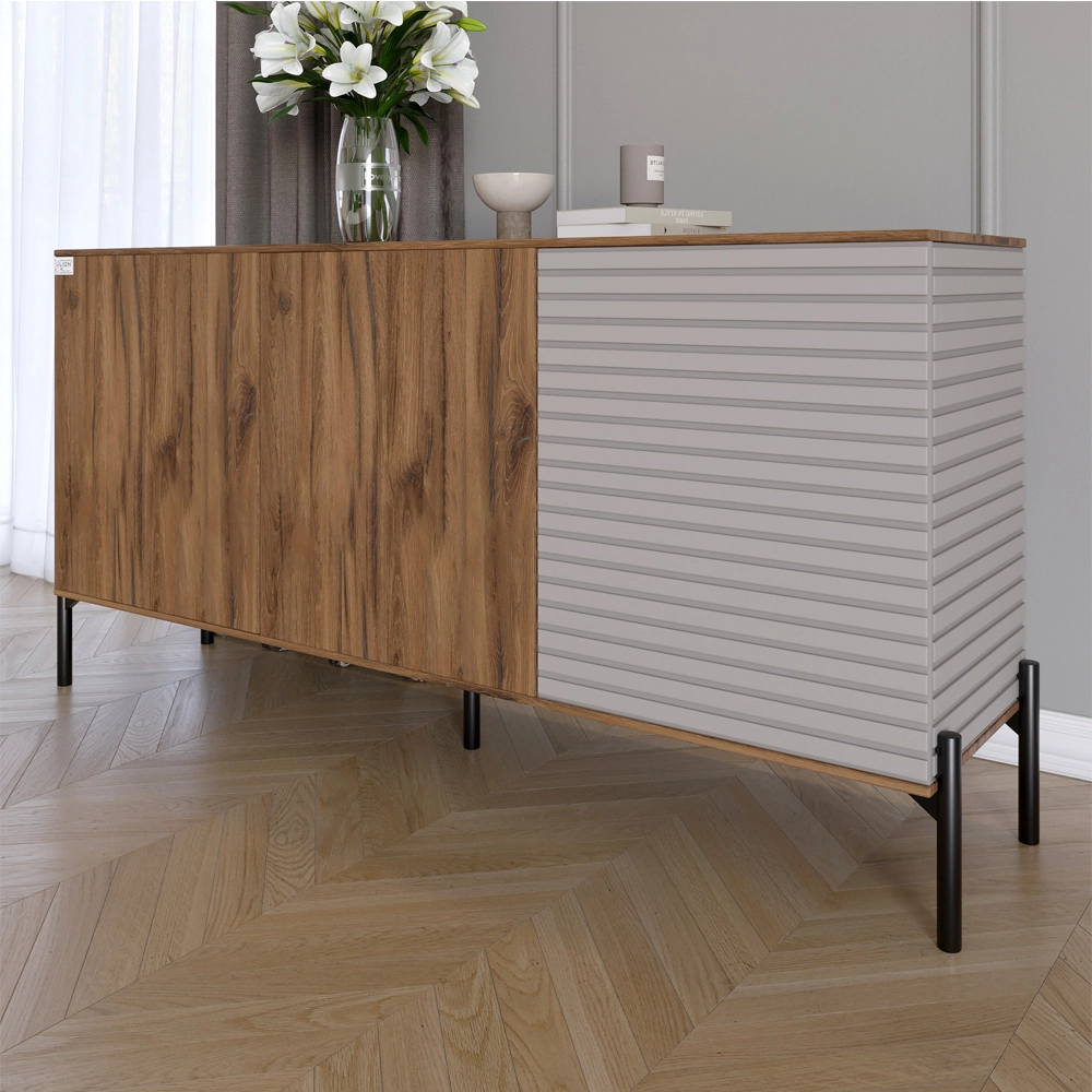 Комод закритий у вітальню на чорних металевих ніжках LION Грей 154x38x76,5 см Дуб Ліворно/Кашемір (L