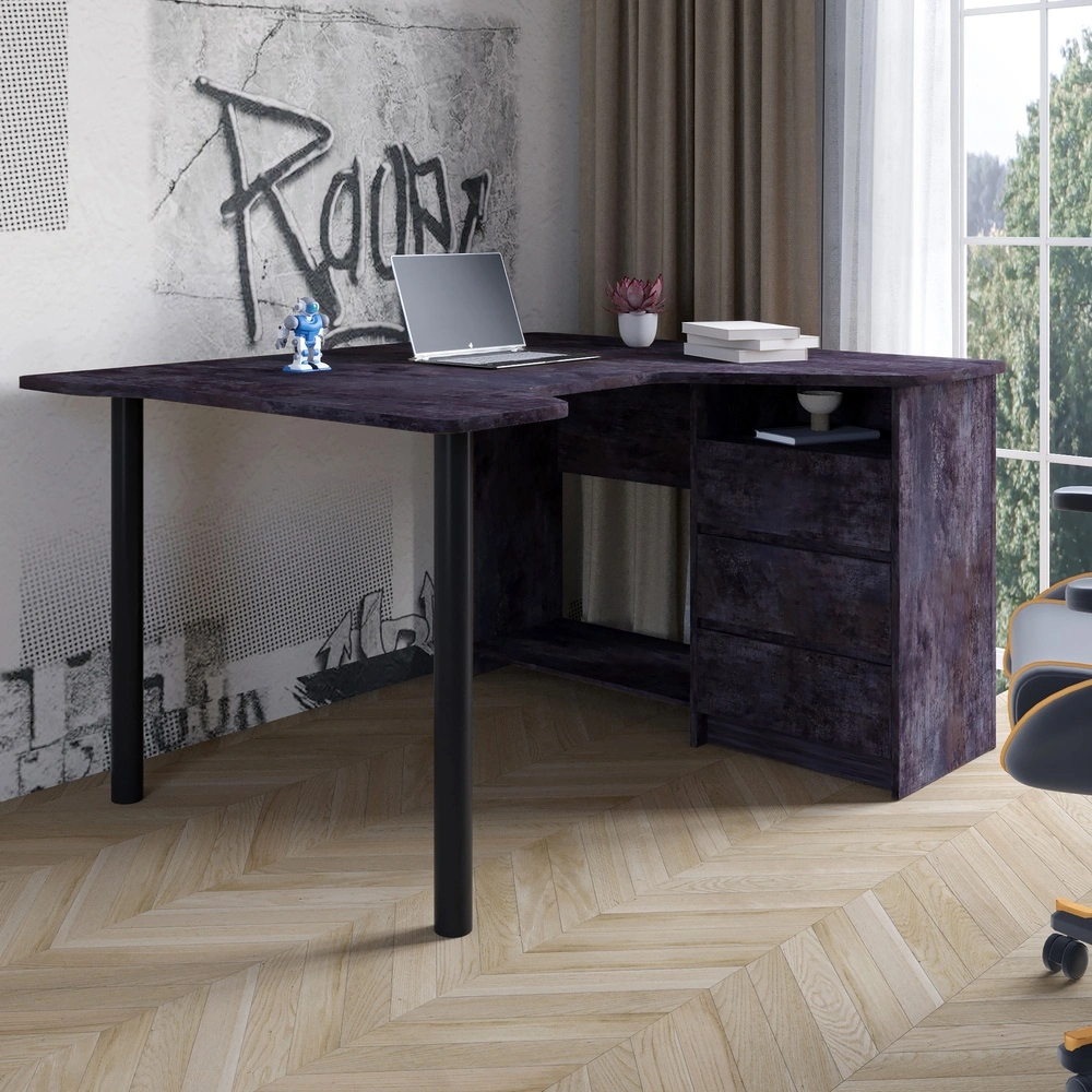 Геймерський комп'ютерний стіл LION Буст кутовий з шухлядами Бетон темний (LION-041451)