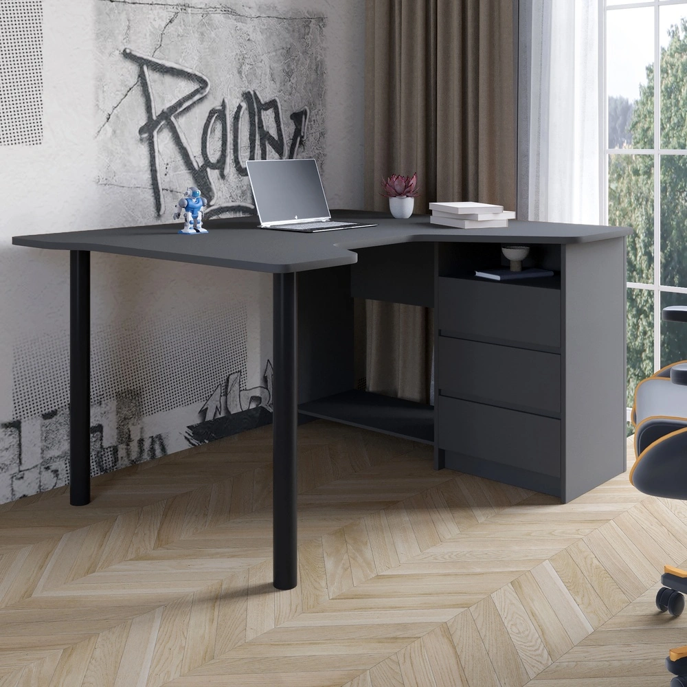 Геймерський комп'ютерний стіл LION Буст кутовий з шухлядами Антрацит (LION-041449) ТОП