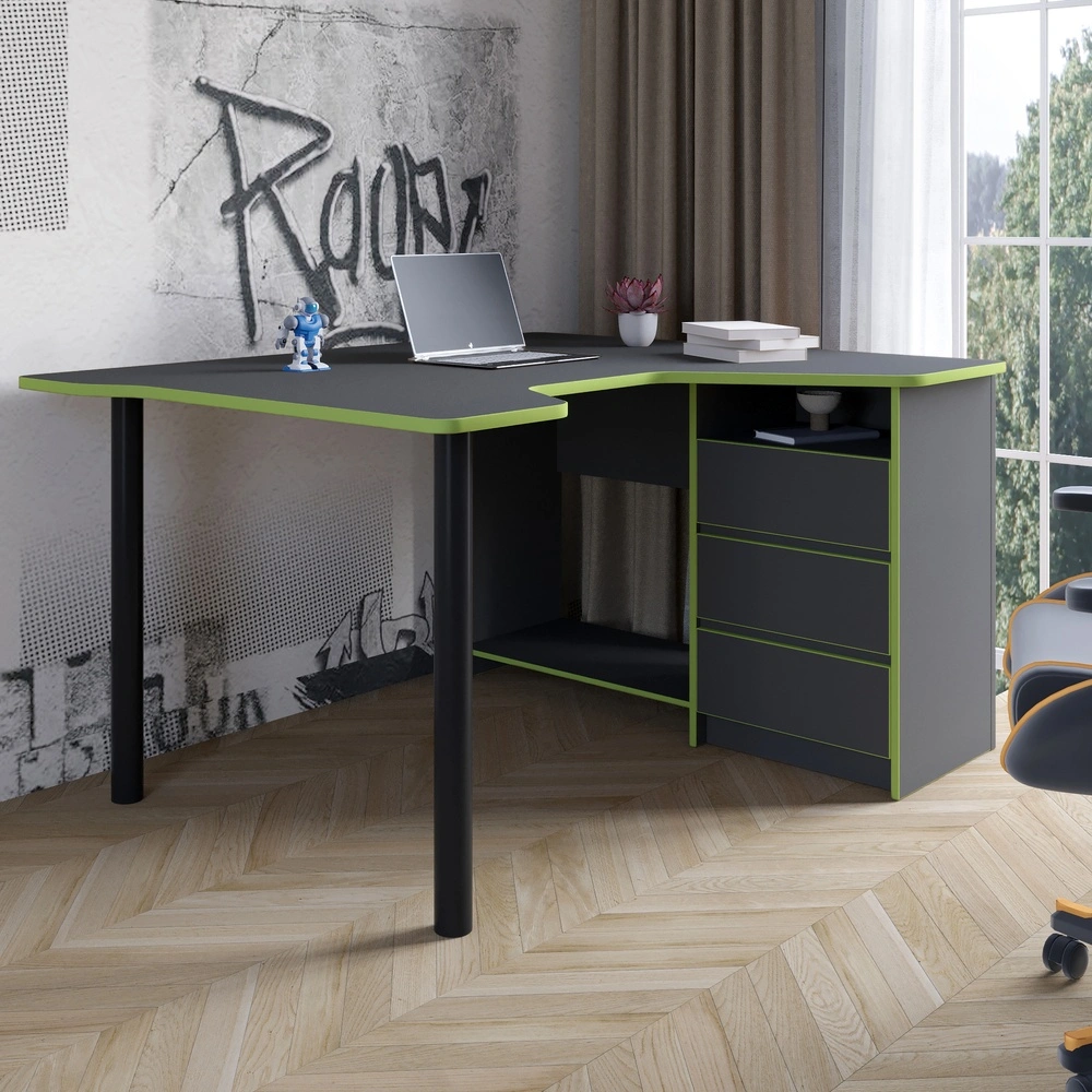 Геймерський комп'ютерний стіл LION Буст кутовий з шухлядами Антрацит/Зелений (LION-041463)