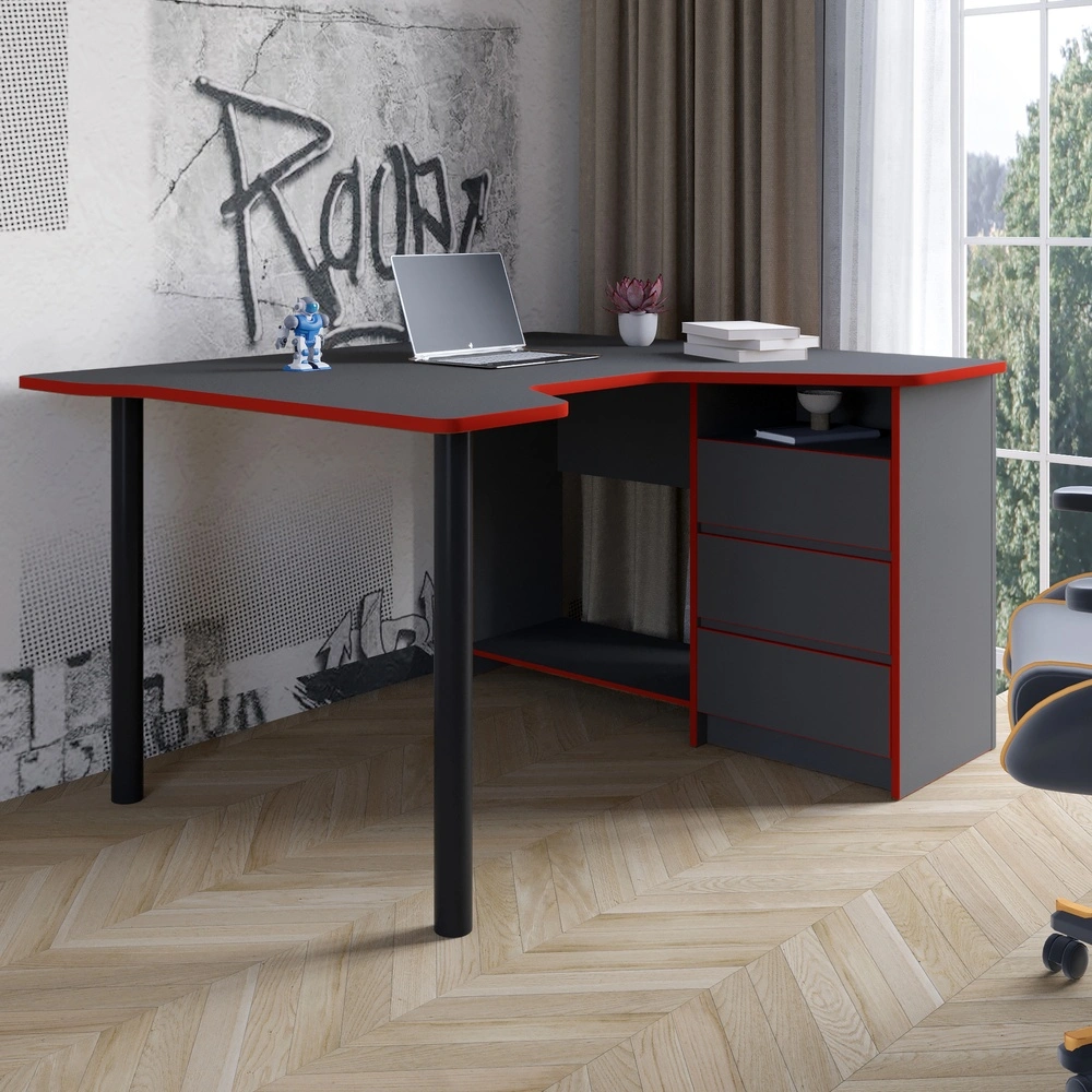 Геймерський комп'ютерний стіл LION Буст кутовий з шухлядами Антрацит/Червоний (LION-041464)