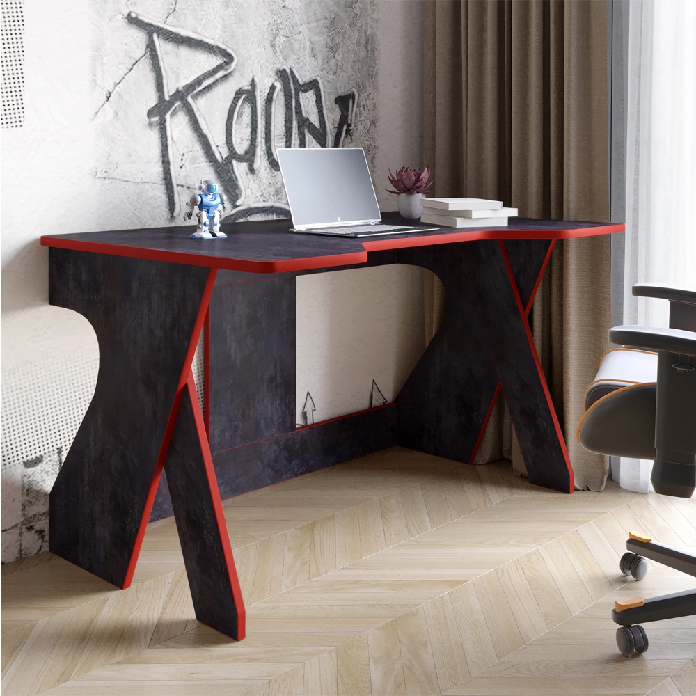 Стіл геймерський LION Крід для комп'ютера та ноутбука 130х80х74,5 Бетон темний/Червоний (LION-041731