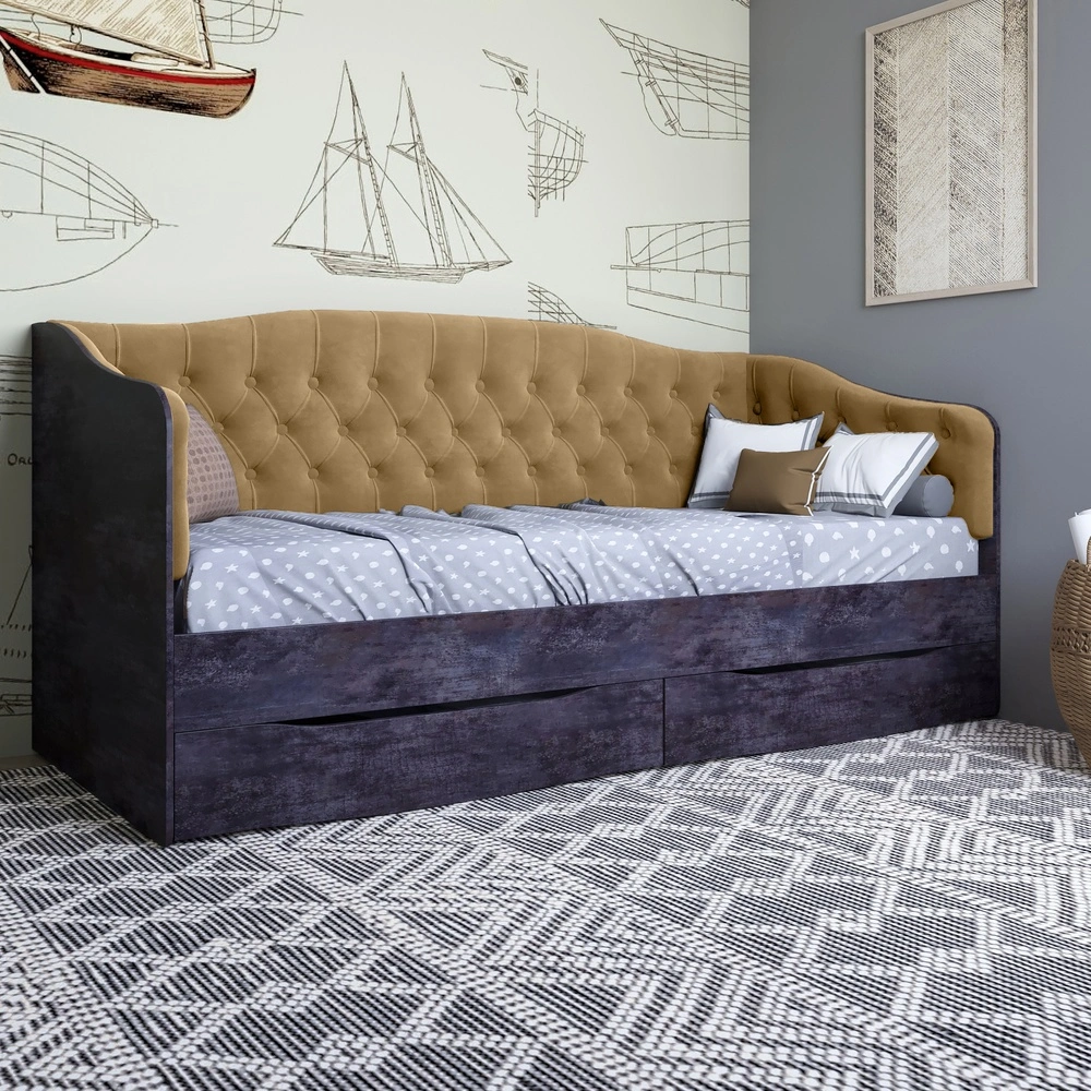 Ліжко дитяче односпальне LION Л-9 з м'якою спинкою і висувними шухлядами 190x90 см Бетон темний/Лілі