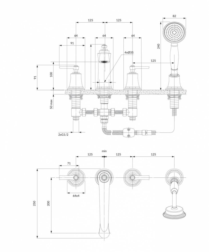 змішувач для ванни на 4 отвори Omnires Armance gold, з термостатом (AM5232GL) - 2