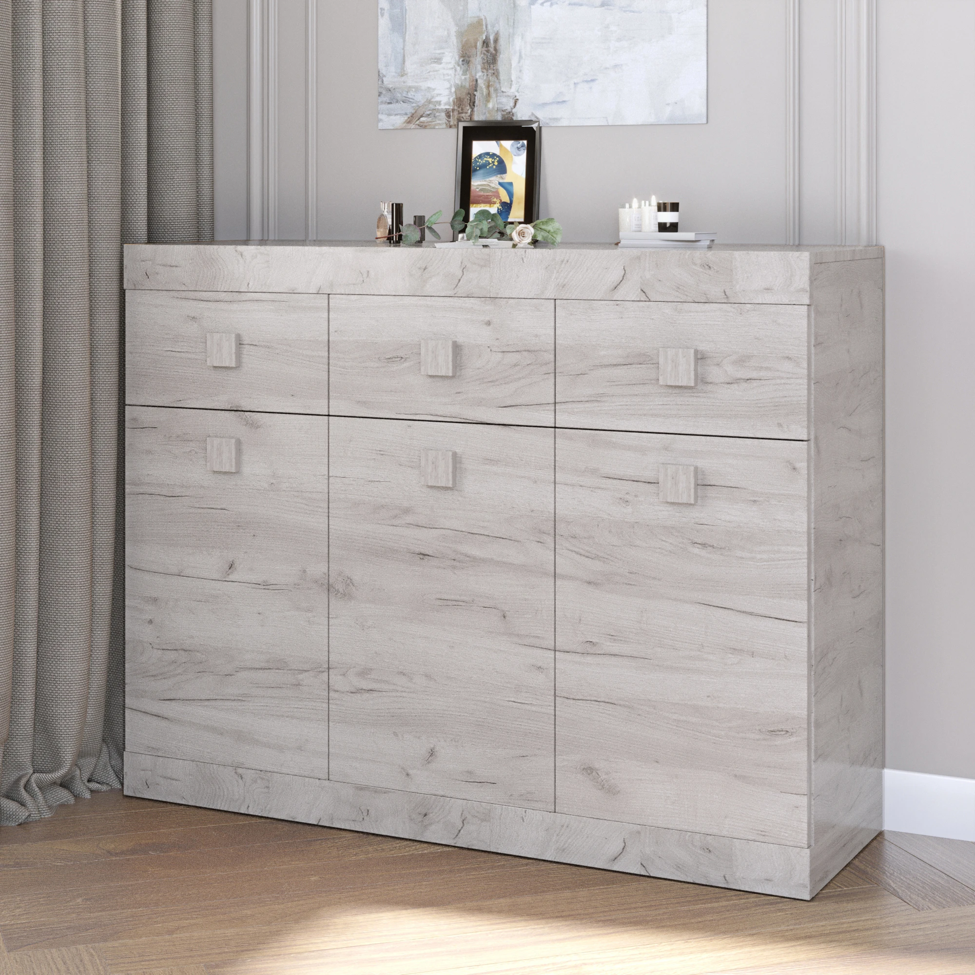 Великий комод Еверест на 3 ящика Соната-6 120х38х94 дуб крафт білий (DTM-2703) - 2