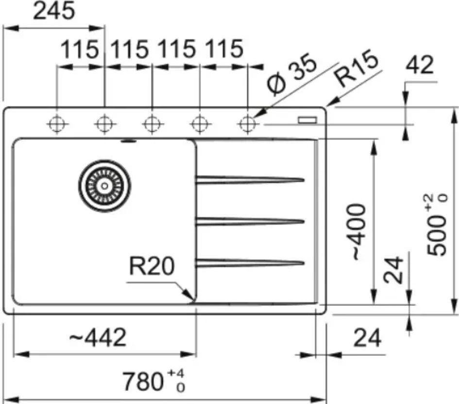 Мийка кухонна Franke Centro, фраграніт, прямокутник, з крилом справа, 780х500х200мм, чаша - 1, врізн - 2