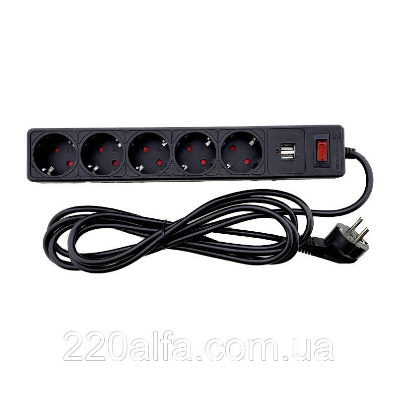 Мережевий фільтр із заземленням 5*3 метра, 2USB A + 1USB C, чорний