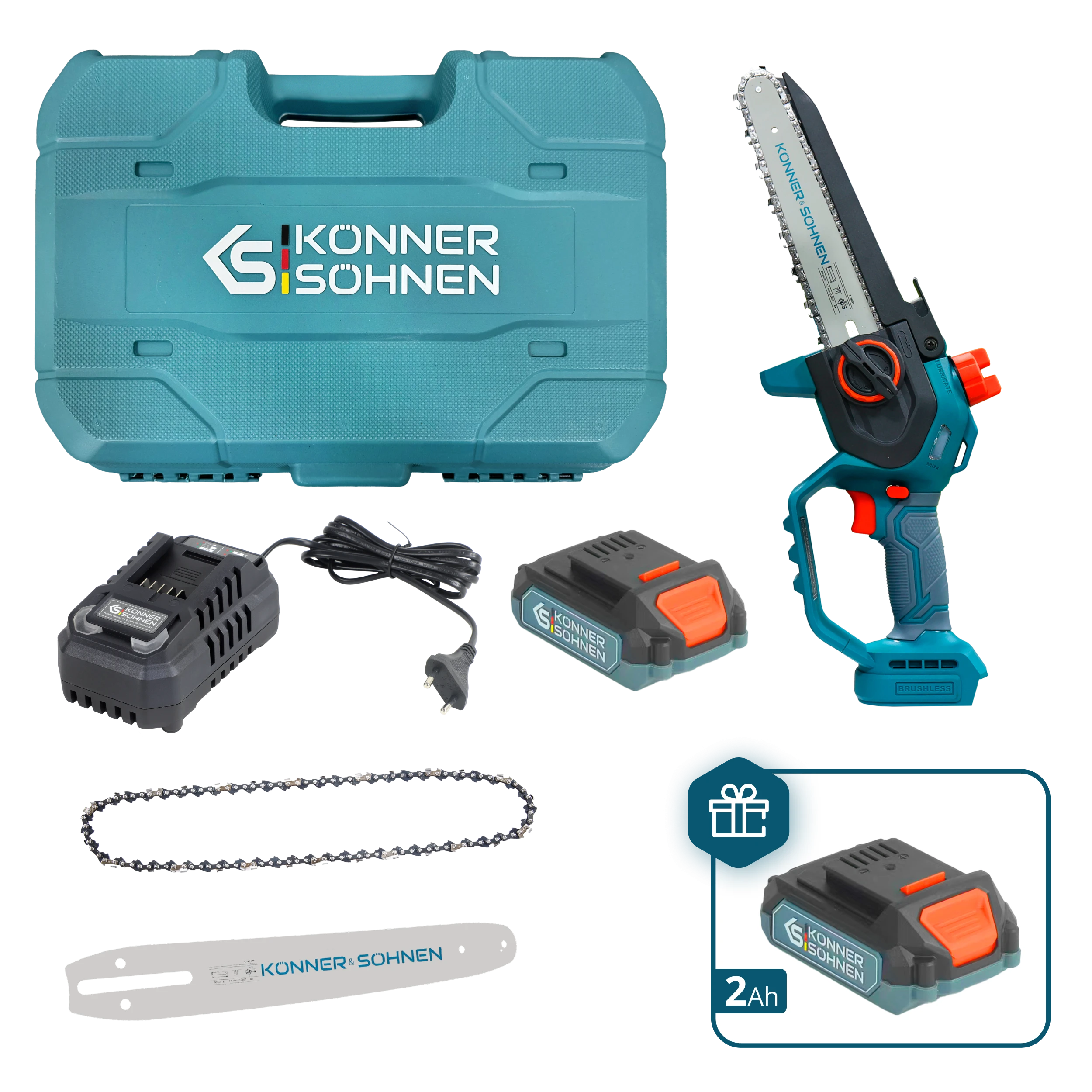 Пила ланцюгова акумуляторна Konner&Sohnen KS MCS20V-8 CASE PLUS 20В акб 2х2А·год шина 20см ЗП 1.45кг