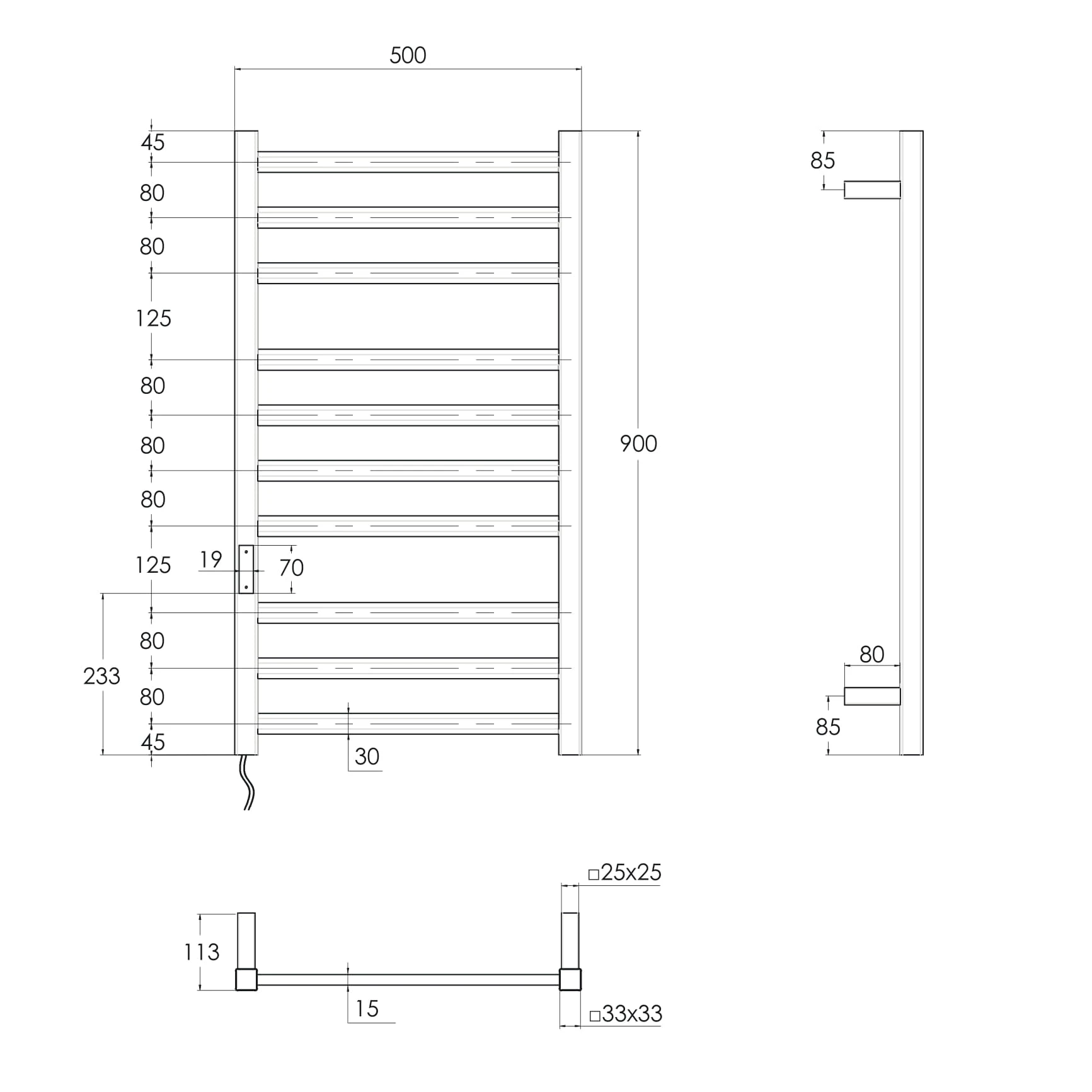 i-HEAT рушникосушарка електро, 120W, 500 * 900мм, AISI 304, 10п. (3-4-3) напівовал, стійки квадрат, - 2