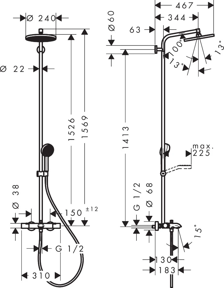 ACTIVERA S 240 1jet EcoSmart Showerpipe душова система з термостатом для ванни, чорний матовий - 2