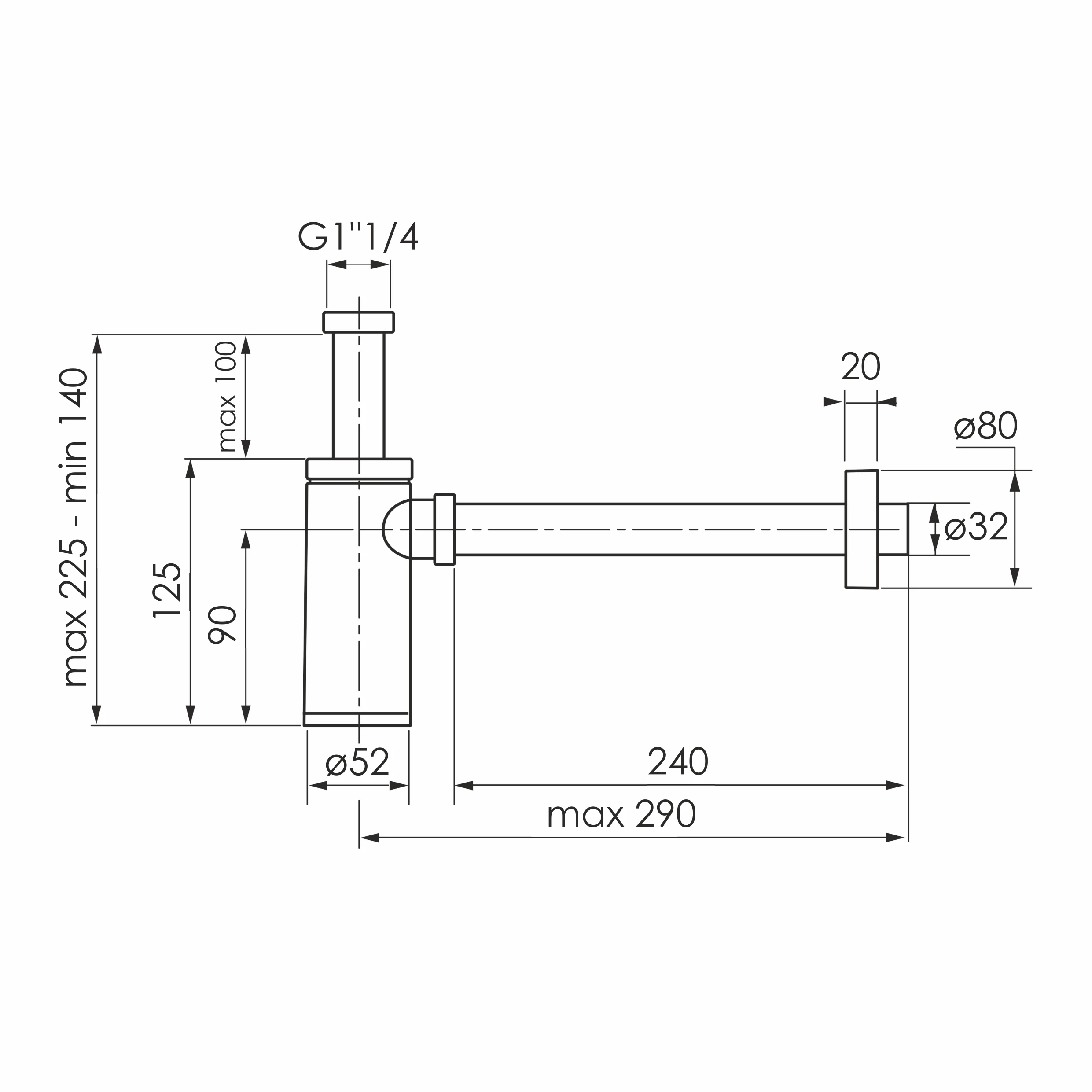 Сифон до умивальника з накидною гайкою 1 1/4", круглий, зливна трубка d32x250 з розеткою - 2