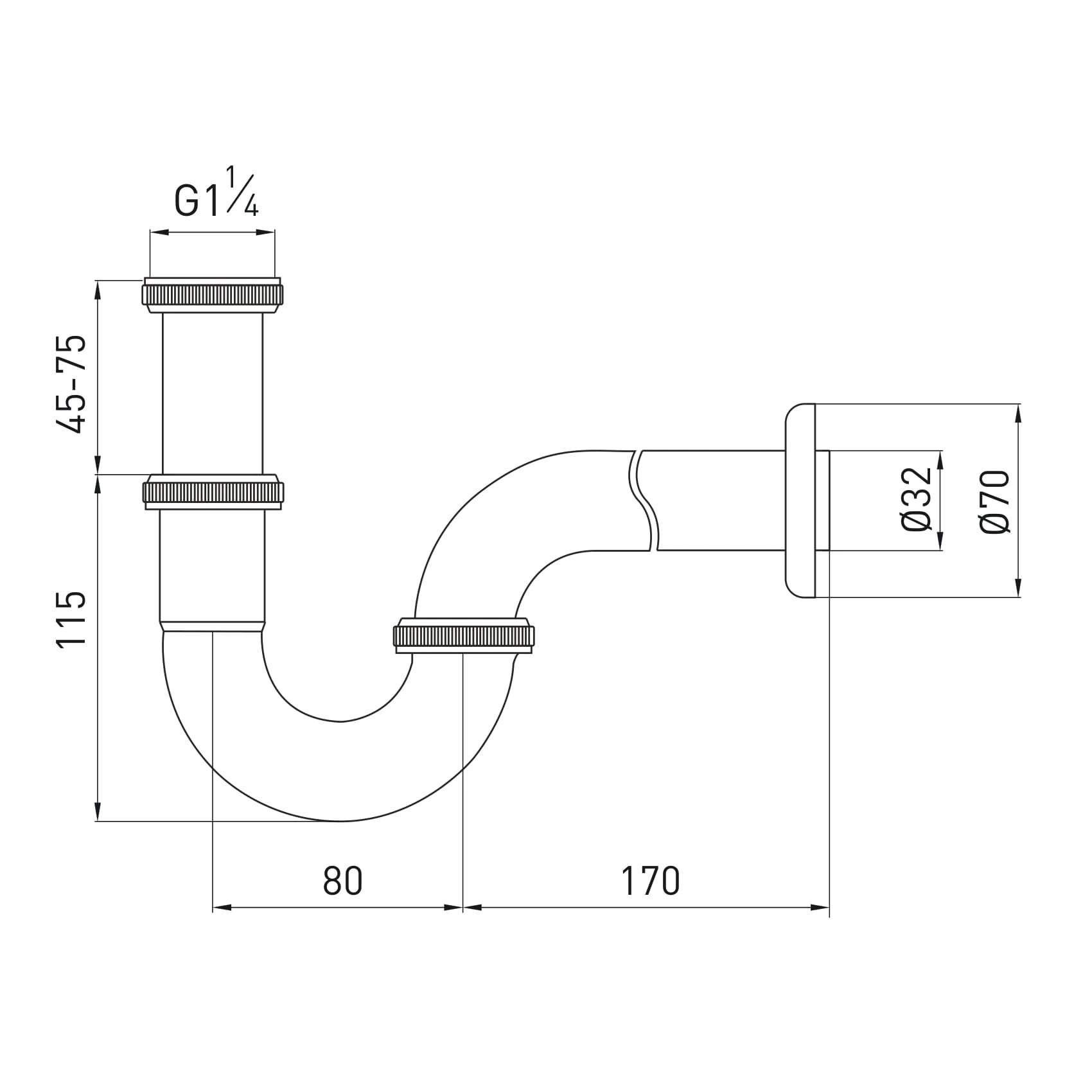 Сифон для умивальника трубний, латунь, 1 1/4", патрубок Ø32 мм, cromo - 2