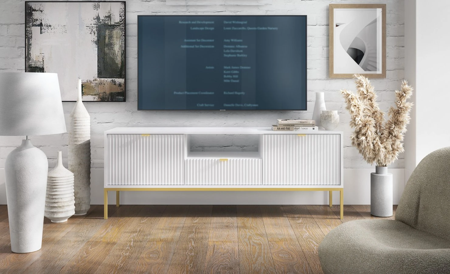 Тумба під телевізор Perfect Home Нова / Nova 2-дверна з 1 шухлядою і золотими ніжками RTV154 Білий (