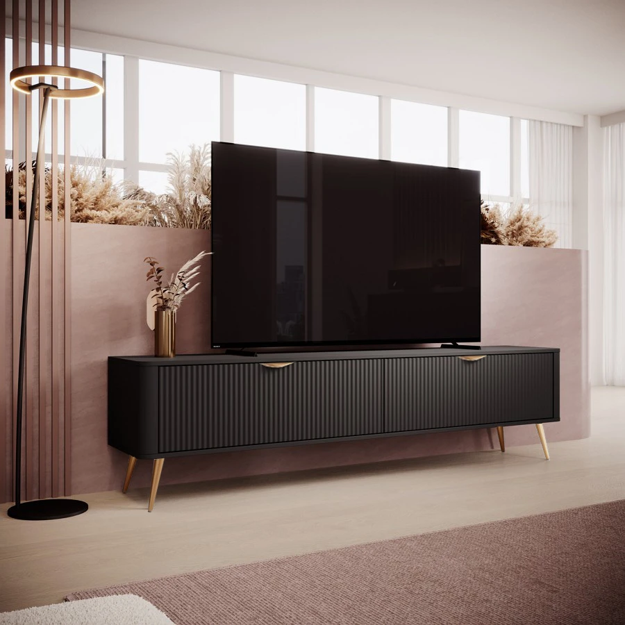Тумба під телевізор Perfect Home Ланте / Lante 2-дверна з золотими ніжками 2D/200 Чорний (PFH-091193