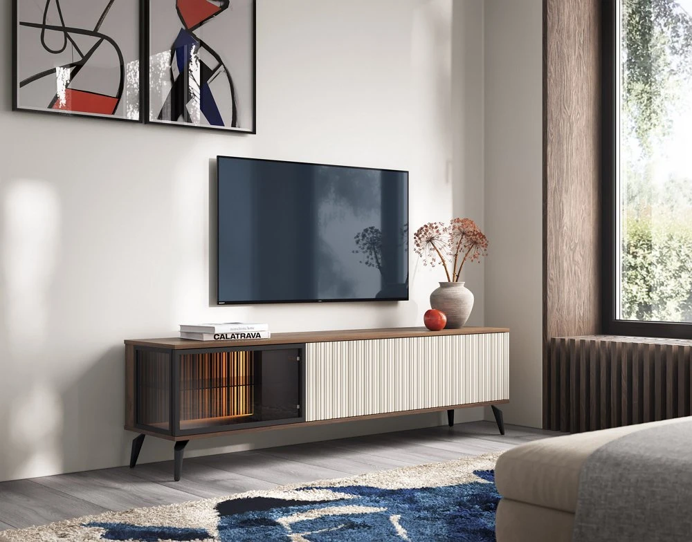 Тумба під ТВ з підсвіткою Вічі / Vici RTV180 3-дверна Горіх/кашемір Perfect Home Польща (PFH-091295)